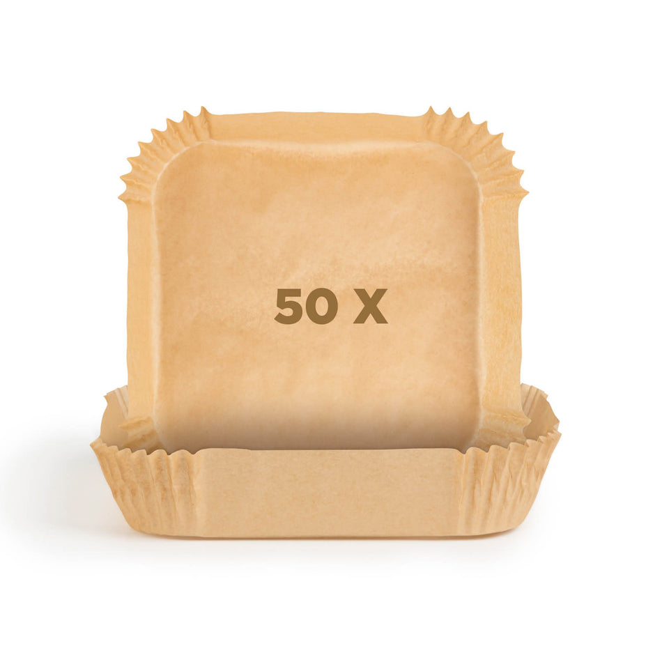 50-teiliges Set von Rosmarino Heißluftfritteusen Backpapier - Quadratisch, 20 cm.