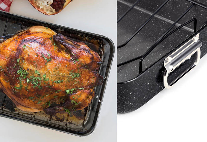 Backblech mit Rost für gesünderes Kochen und eine knusprige Kruste.