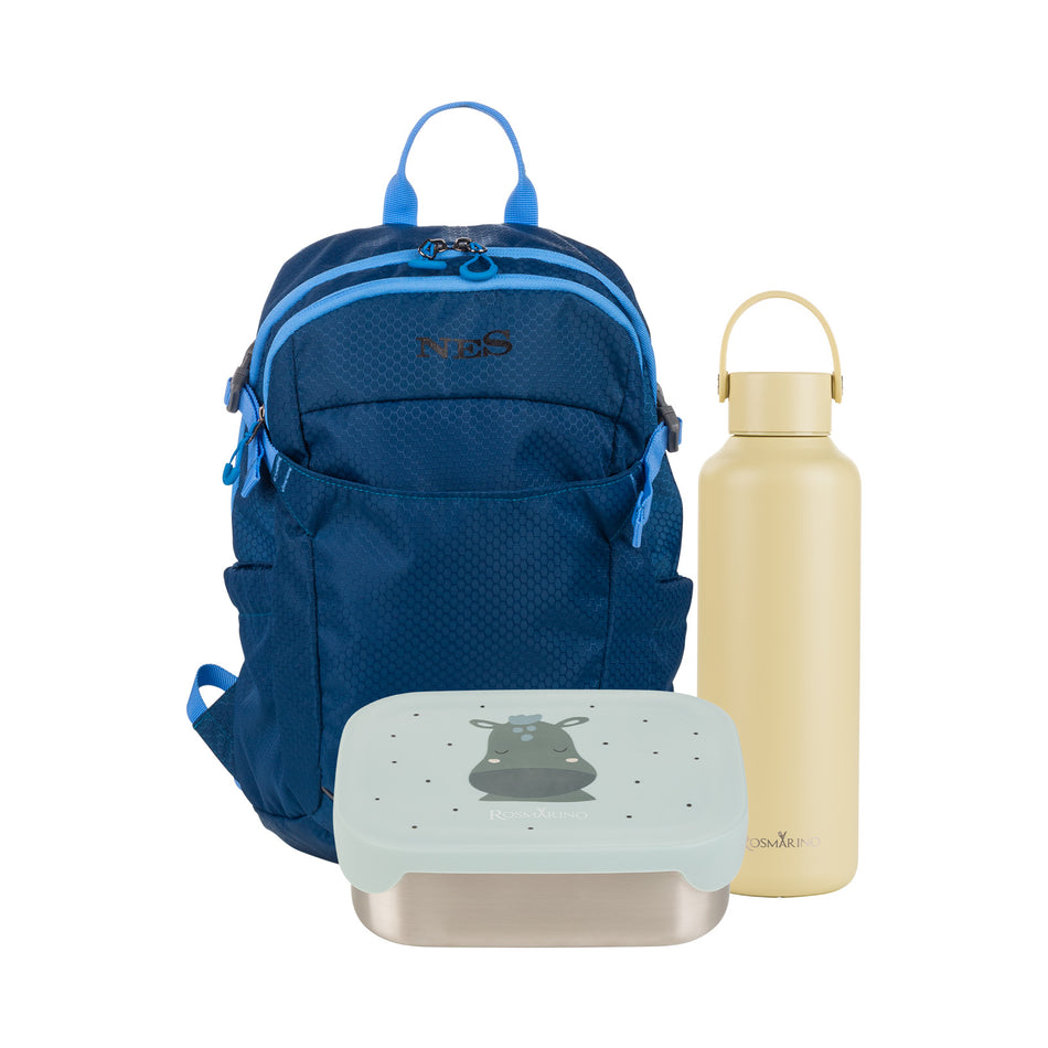 Set aus Kinderrucksack NES Move (12 L), Lunchbox Rosmarino Prep&Go Hippo (800 ml) und Thermosflasche Rosmarino (600 ml)