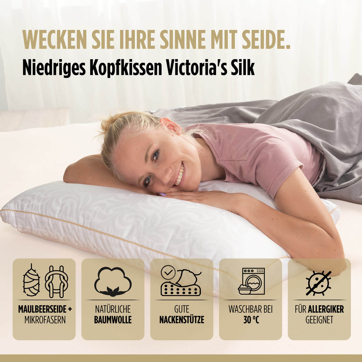 Niedriges klassisches Seidenkissen Victoria's Silk, 50x70 cm –